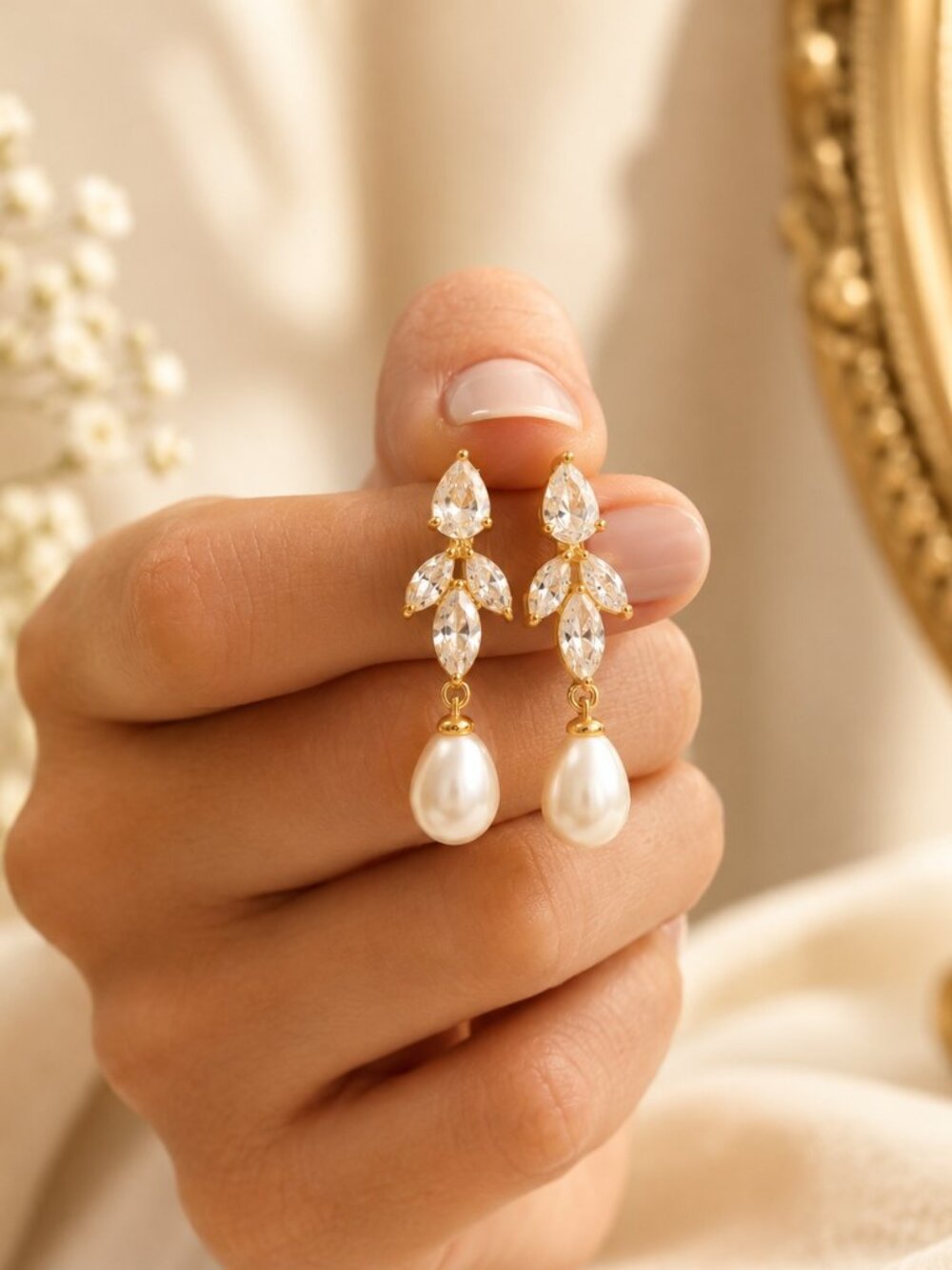 Bridal Diamond Freshwater Pearl Earrings, Silver Crystal Leaf Drop Earrings